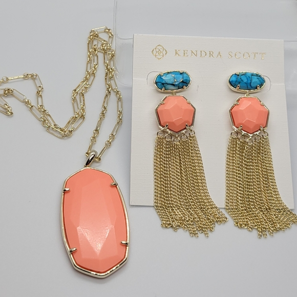 CUSTOM KENDRA SCOTT NECKLACE BRONZE VEINED TURQUOISE & NWT BRIGHT CORAL NECKLACE - Picture 11 of 11
